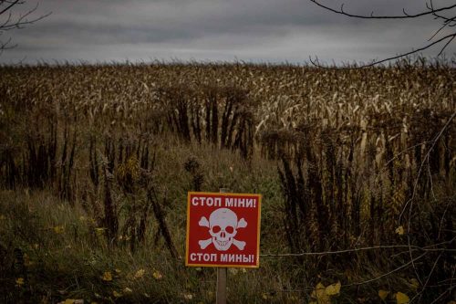 Ukraine Nov 2022, A field of wheat is totally mined scenes of destruction in the town of Makariv, an hour's drive from Kiev