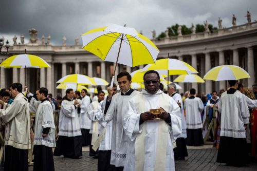 Rome, Italy, 27/4/2014.Two popes become saints in historic canonization ceremony.Pope Francis declared John Paul and John XXIII saints on Sunday morning, under grey skies, a crowd estimated at 250,000 in the Vatican’s St. Peter’s Square and streets nearby erupted in applause. Hundreds of polish flags were waved and some pilgrims wept with joy.
