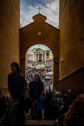 Rome, Italy, 27/4/2014.Two popes become saints in historic canonization ceremony.Pope Francis declared John Paul and John XXIII saints on Sunday morning, under grey skies, a crowd estimated at 250,000 in the Vatican’s St. Peter’s Square and streets nearby erupted in applause. Hundreds of polish flags were waved and some pilgrims wept with joy.