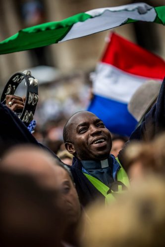 Rome, Italy, 27/4/2014.Two popes become saints in historic canonization ceremony.Pope Francis declared John Paul and John XXIII saints on Sunday morning, under grey skies, a crowd estimated at 250,000 in the Vatican’s St. Peter’s Square and streets nearby erupted in applause. Hundreds of polish flags were waved and some pilgrims wept with joy.