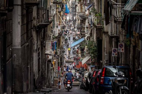 Naples, Italy, view of the famous ancient street named Spaccanapoli that cut part of the hisotric center in two.