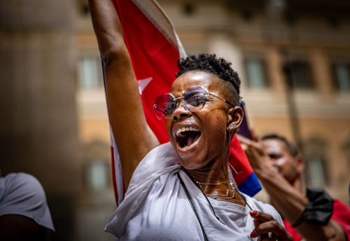 Rome, 13 july 2021. Hundreds of Cubans demonstrate in front of the Italian Parliament in support of the Cuban people who are rising up against the dictatorship that has been harassing the Cuban people for 62 years. Several Italian politicians from both the political right and the left supported the protests