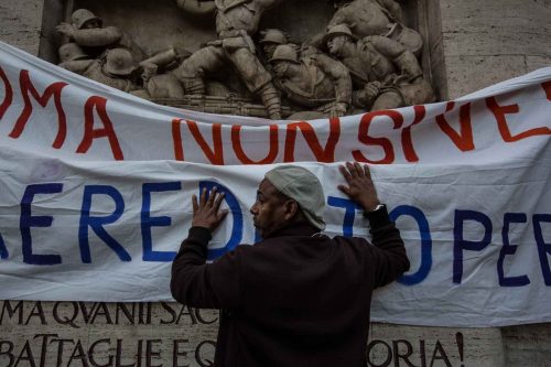 Rome, Italy, apr,2014. March of homeless people in the center of Rome against the mayor of Rome and against the policy of austerity.